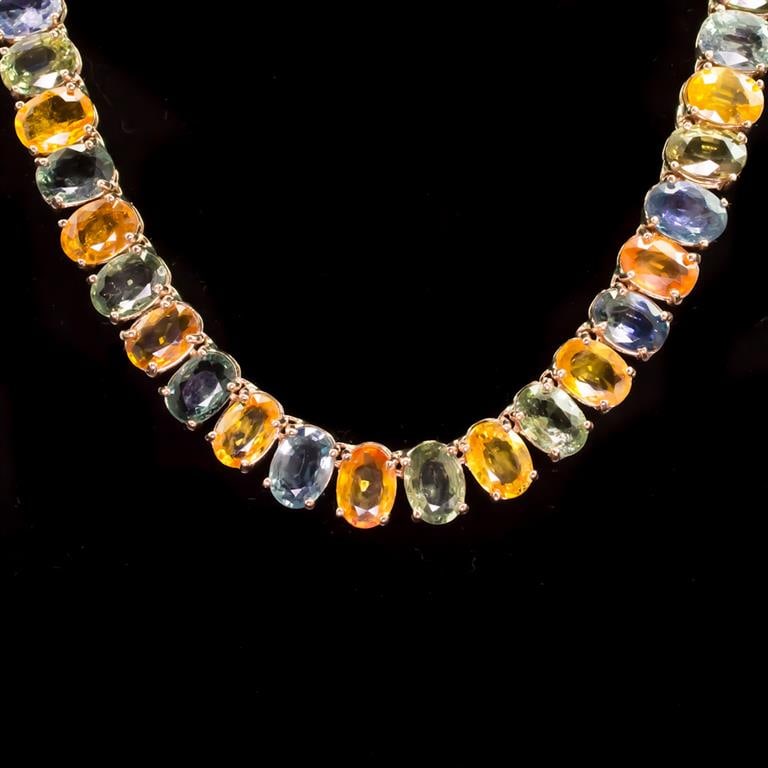 14K Gold 77.38ct Multi-Color Sapphire Necklace: Retail: $41,263.00 ****** Multi-Color Sapphire Necklace ****** Metal: 14K Solid Rose Gold / Total Item Weight: 40.6 grams / Country Made: United States / / Main Stone: Fancy Color Saphhire/ Color: Mul