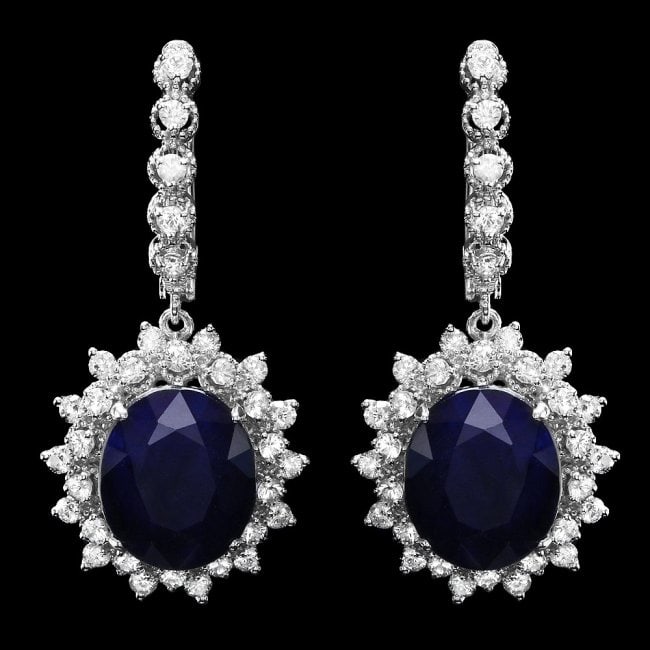 14k Gold 15.00ct Sapphire 2.00ct Diamond Earrings: Retail: $9,100.00 ****** 14k Gold 15.00ct Sapphire 2.00ct Diamond Earrings ****** Metal: 14k Solid White Gold / Total Item Weight: 11.0 grams / Country Made: United States / / Main Stone: Sapphire /