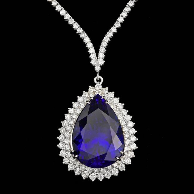 18k 38.00ct Tanzanite 12.35ct Diamond Necklace: Retail: $115,700.00 ****** 18k 38.00ct Tanzanite 12.35ct Diamond Necklace ****** Metal: 18k Solid White Gold / Size: 16 / Total Item Weight: 35.5 grams / Country Made: United States / / Main Stone: