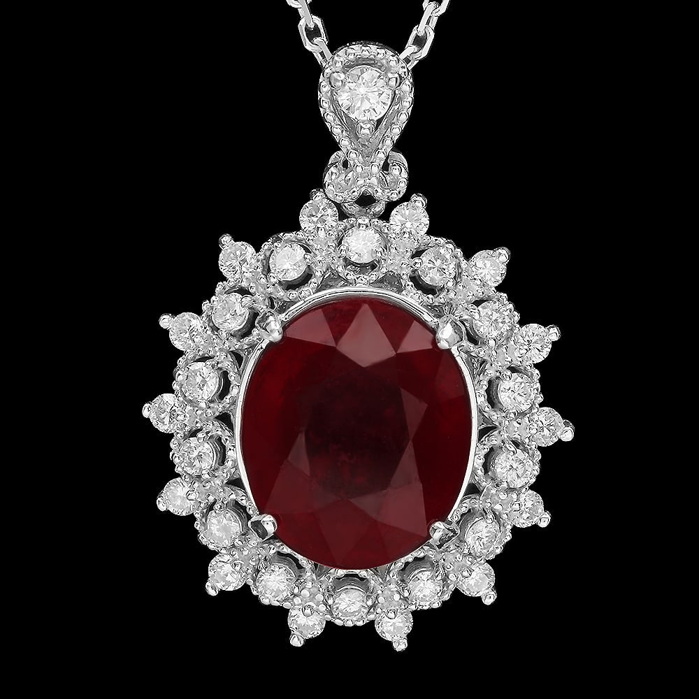 14K Gold 7.08ct Ruby 0.65ct Diamond Pendant: Retail: $4,656.00 ****** 14K Gold 7.08ct Ruby 0.65ct Diamond Pendant ****** Metal: 14K Solid Gold / Total Item Weight: 4.7 grams / Country Made: United States / / Main Stone: Ruby / Color: Red /