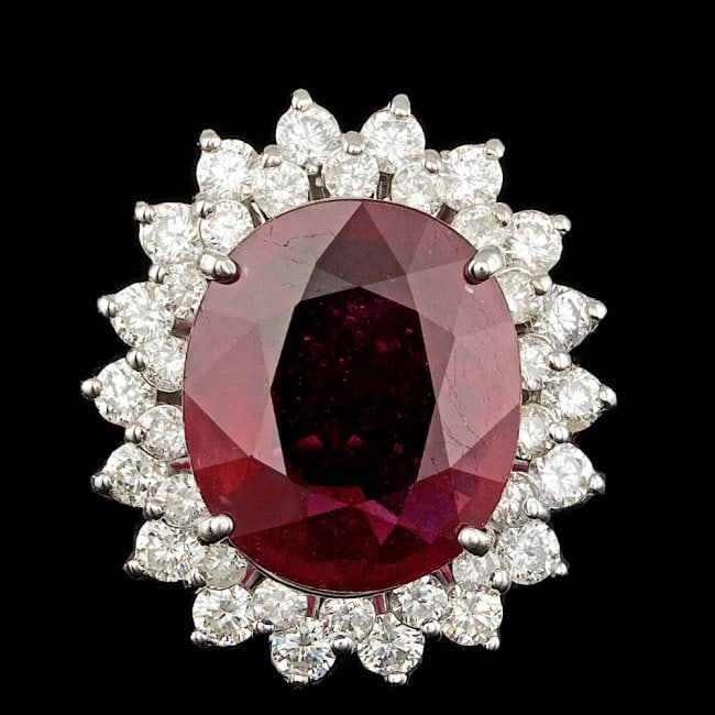 14k White Gold 11.00ct Ruby 1.80ct Diamond Ring: Retail: $17,700.00 ****** 14k White Gold 11.00ct Ruby 1.80ct Diamond Ring ****** Metal: 14k Solid White Gold / Size: 7 / Total Item Weight: 9.0 grams / Country Made: United States / / Main Stone: