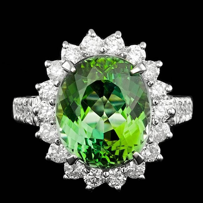 14k Gold 8.00ct Tourmaline 1.50ct Diamond Ring: Retail: $11,900.00 ****** 14k Gold 8.00ct Tourmaline 1.25ct Diamond Ring ****** Metal: 14k Solid White Gold / Size: 7 / Total Item Weight: 7.8 grams / Country Made: United States / / Main Stone: Tourm