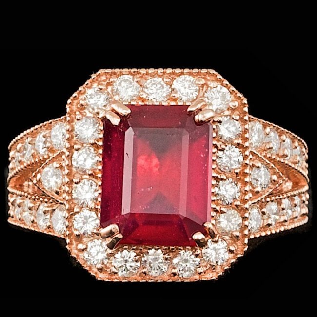 14k Rose Gold 4.00ct Ruby 1.30ct Diamond Ring: Retail: $11,600.00 ****** 14k Rose Gold 4.00ct Ruby 1.30ct Diamond Ring ****** Metal: 14k Solid Rose Gold / Size: 6.5 / Total Item Weight: 8.0 grams / Country Made: United States / / Main Stone: Ruby 