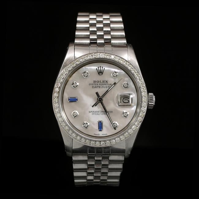 Rolex DateJust SS 36mm Custom Diamond Bezel Men's Wristwatch: ****** Rolex DateJust SS 36mm Custom Diamond Bezel Men's Wristwatch ****** One Mens, Rolex DateJust 36mm White Mop With Sapphires Custom Diamond Bezel Mens Wristwatch Stainless Steel electronically te