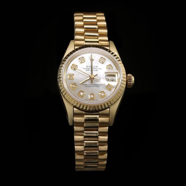 Rolex DateJust 18k Solid Gold Ladies Presidential 26mm: ****** Rolex DateJust 18k Solid Gold Ladies Presidential 26mm ****** One Womens, Rolex DateJust 26mm White â€œMother of Pearlâ€? Diamond Dial Diamond Women's Wristwatch Stainless Steel el