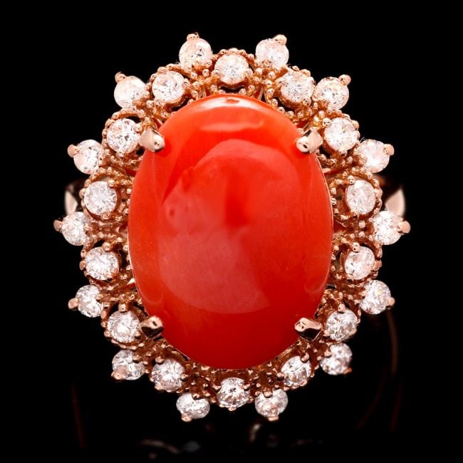 14k Rose Gold 4.50ct Coral 0.80ct Diamond Ring: Retail: $7,500.00 ****** 14k Rose Gold 4.50ct Coral 0.80ct Diamond Ring ****** Metal: 14k Solid Rose Gold / Size: 7.25 / Total Item Weight: 6.0 grams / Country Made: United States / / Main Stone: Cora