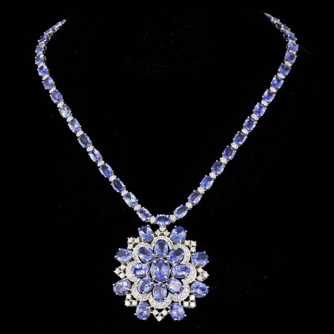 14k 53.00ct Tanzanite 5.20ct Diamond Necklace: Retail: $62,700.00 ****** 14k 53.00ct Tanzanite 5.20ct Diamond Necklace ****** Metal: 14k Solid White Gold / Size: 17 / Total Item Weight: 44.0 grams / / Main Stone: Tanzanite / Color: Purple / Carat 