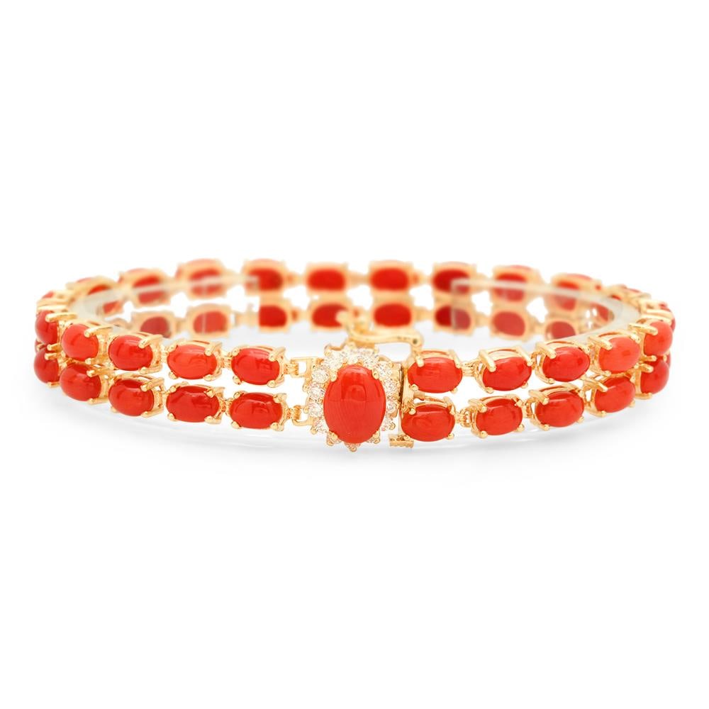 14K Gold 19.20ct Coral 0.33cts Diamond Bracelet: Retail: $13,466.00 ****** 14K Gold 19.20ct Coral 0.33cts Diamond Bracelet ****** Metal: 14K Yellow Gold / Total Item Weight: 17.9 grams / Country Made: United States / Main Stone: Coral / Color: Reddi