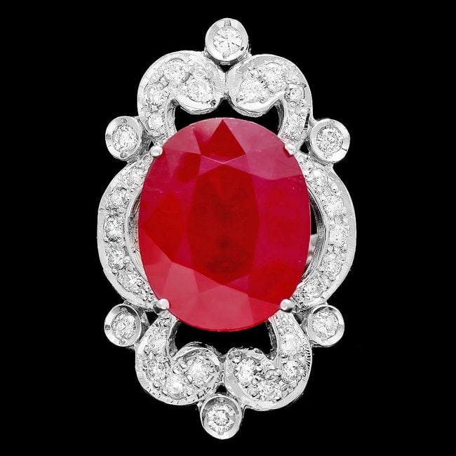 14k White Gold 13.50ct Ruby 1.15ct Diamond Ring: Retail: $11,800.00 ****** 14k White Gold 13.50ct Ruby 1.15ct Diamond Ring ****** Metal: 14k Solid White Gold / Size: 7.25 / Total Item Weight: 11.5 grams / Country Made: United States / / Main Stone: 