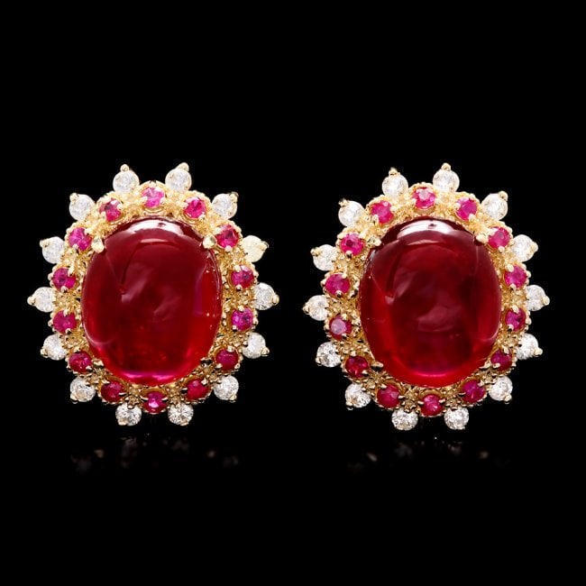 14k Gold 16.65ct Ruby 0.80ct Diamond Earrings: Retail: $7,800.00 ****** 14k Gold 16.65ct Ruby 0.80ct Diamond Earrings ****** Metal: 14k Solid Yellow Gold / Total Item Weight: 9.0 grams / Country Made: United States / / Main Stone: Ruby / Color: Re