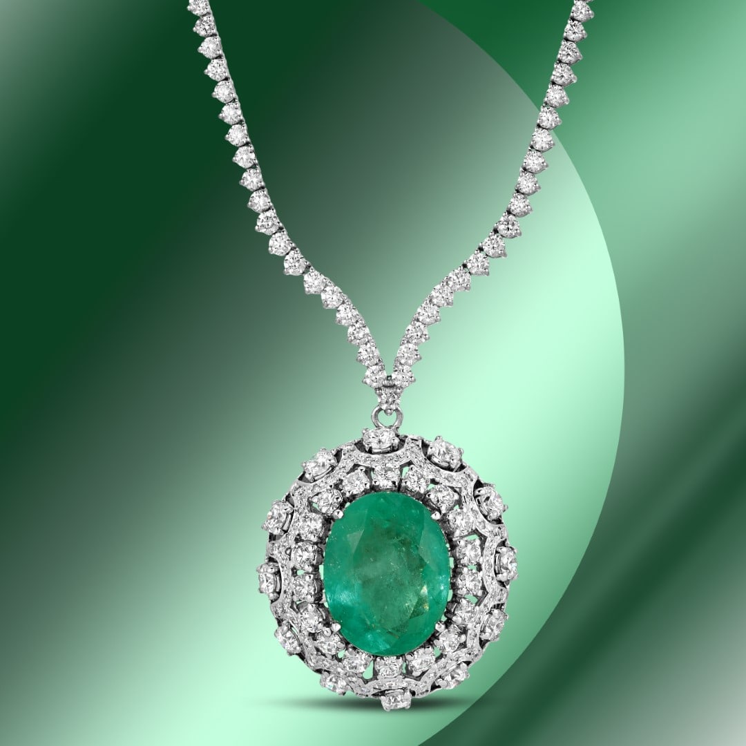 14K Gold 17.08cts Emerald & 11.77cts Diamond Necklace: Retail: $178,250***** 14K Gold 17.08cts Emerald & 11.77cts Diamond Necklace****** Metal: 14K White Gold/ Total Wt.: NA / Country Made USA// Main Stone: Emerald / Carat Total Wt: 17.08cts / Treatment: 