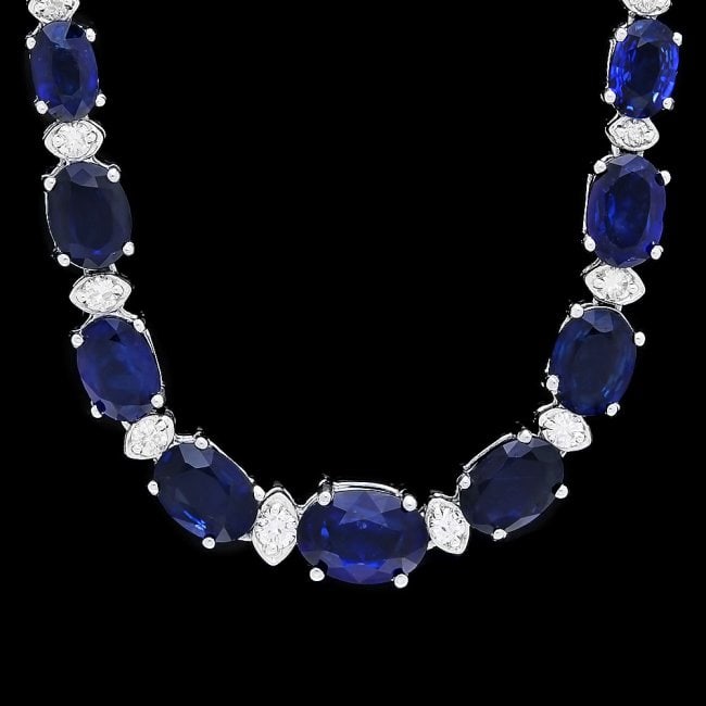 14k Gold 30ct Sapphire 1.20ct Diamond Necklace: Retail: $17,500.00 ****** 14k Gold 30ct Sapphire 1.20ct Diamond Necklace ****** Metal: 14k Solid White Gold / Size: 17 / Total Item Weight: 21.0 grams / Country Made: United States / / Main Stone: Sap