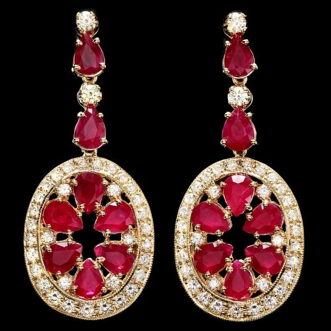 14k Gold 15.50ct Ruby 3.00ct Diamond Earrings: Retail: $25,800.00 ****** 14k Gold 15.50ct Ruby 3.00ct Diamond Earrings ****** Metal: 14k Solid Yellow Gold / Total Item Weight: 17.0 grams / Country Made: United States / / Main Stone: Ruby / Color: 