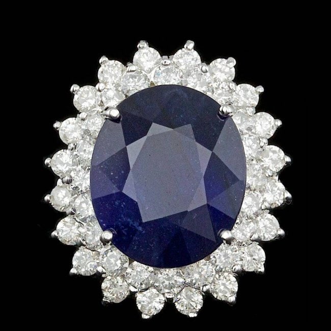14k Gold 13.50ct Sapphire 2.25ct Diamond Ring: Retail: $14,600.00 ****** 14k Gold 13.50ct Sapphire 2.25ct Diamond Ring ****** Metal: 14k Solid White Gold / Size: 7 / Total Item Weight: 9.0 grams / Country Made: United States / / Main Stone: Sapphi