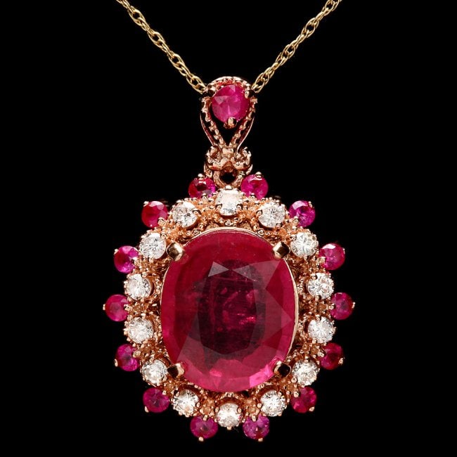 14k Rose Gold 4.6ct Ruby 0.40ct Diamond Pendant: Retail: $4,870.00 ****** 14k Rose Gold 4.6ct Ruby 0.40ct Diamond Pendant ****** Metal: 14k Solid Rose Gold / Size: 16 / Total Item Weight: 3.5 grams / Country Made: United States / / Main Stone: Ruby 