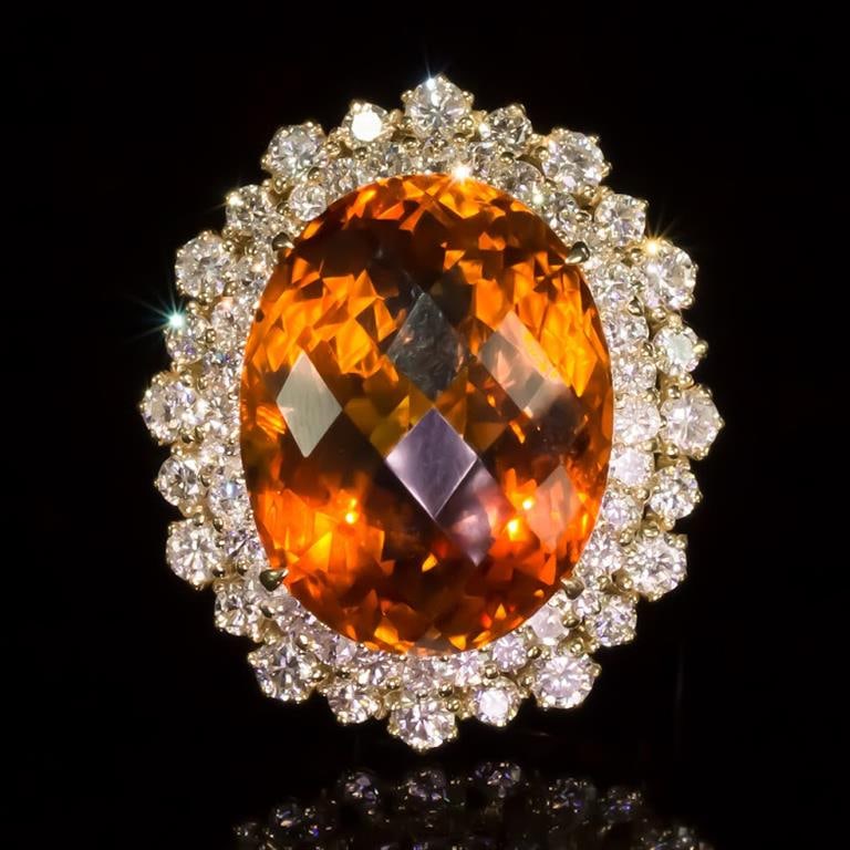 14K Gold 17.97ct Citrine 2.10ct Diamond Ring: Retail: $13,700.00******14K Gold Citrine & Diamond Ring ****** Metal: 14K Solid Yellow Gold / Total Item Weight: 11.8 grams / Country Made: United States / / Main Stone: Citrine / Color: Orange / Cara