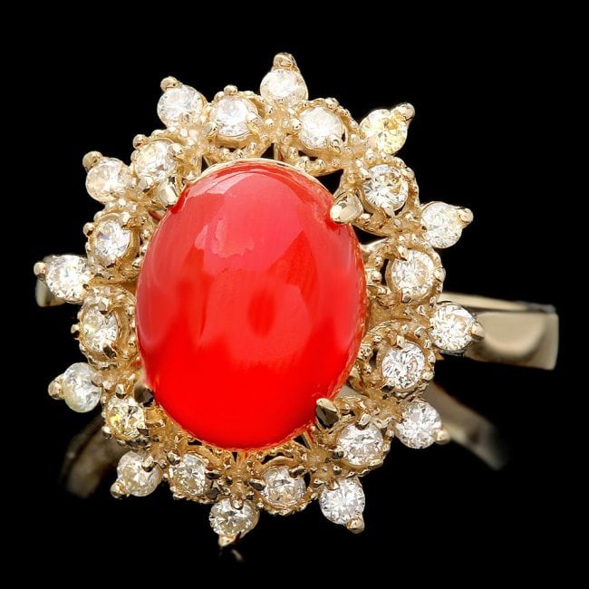 14k Yellow Gold 2.75ct Coral 0.50ct Diamond Ring: Retail: $5,890.00 ****** 14k Yellow Gold 2.75ct Coral 0.50ct Diamond Ring ****** Metal: 14k Solid Yellow Gold / Size: 7.25 / Total Item Weight: 4.0 grams / Country Made: United States / / Main Stone: 