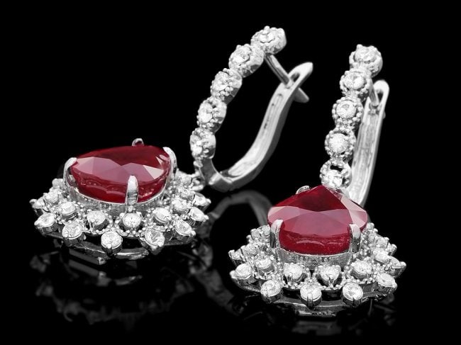 14k Gold 12ct Ruby 2.00ct Diamond Earrings: Retail: $7,800.00 ****** 14k Gold 12.00ct Ruby 2.00ct Diamond Earrings ****** Metal: 14k Solid White Gold / Total Item Weight: 10.5 grams / Country Made: United States / / Main Stone: Ruby / Color: Re