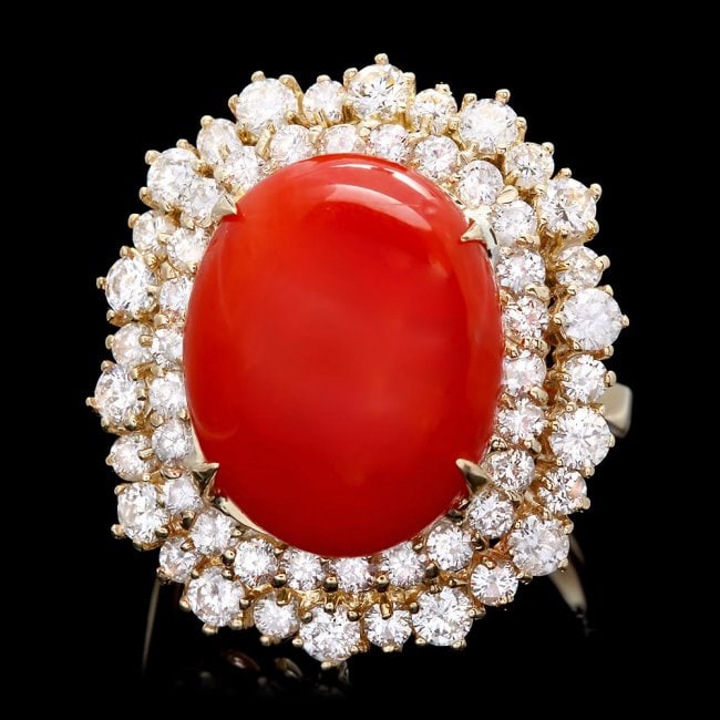 14k Yellow Gold 7.00ct Coral 2.00ct Diamond Ring: Retail: $14,300.00 ****** 14k Yellow Gold 7.00ct Coral 2.00ct Diamond Ring ****** Metal: 14k Solid Yellow Gold / Size: 7 / Total Item Weight: 8.5 grams / Country Made: USA / / Main Stone: Coral / Colo