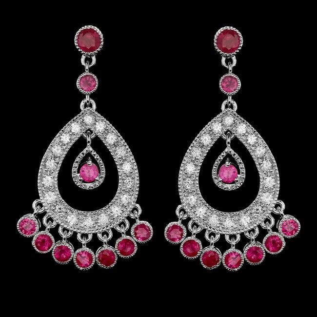 14k Gold 3.00ct Ruby 1.30ct Diamond Earrings: Retail: $11,700.00 ****** 14k Gold 3.00ct Ruby 1.30ct Diamond Earrings ****** Metal: 14k Solid White Gold / Total Item Weight: 11.0 grams / Country Made: United States / / Main Stone: Ruby / Color: Pi