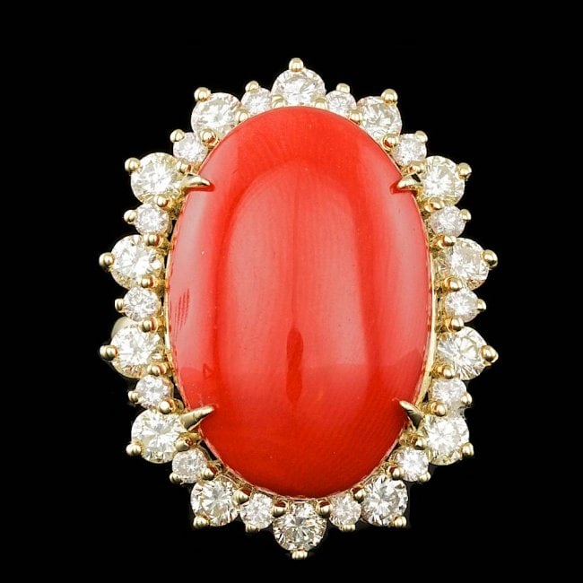 14k Yellow Gold 14.50ct Coral 2.25ct Diamond Ring: Retail: $26,500.00 ****** 14k Yellow Gold 14.50ct Coral 2.25ct Diamond Ring ****** Metal: 14k Solid Yellow Gold / Size: 7.75 / Total Item Weight: 11.7 grams / Country Made: United States / / Main Ston