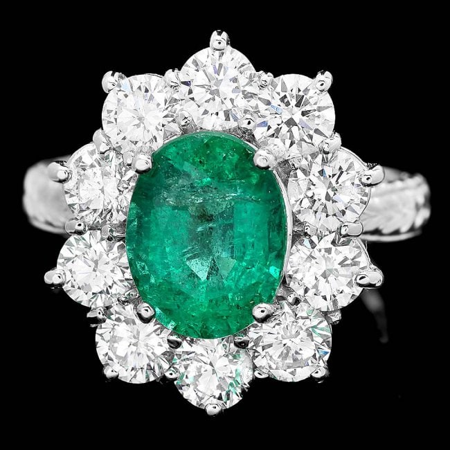 18k White Gold 2.40ct Emerald 2.15ct Diamond Ring: Retail: $23,650.00 ****** 18k White Gold 2.40ct Emerald 2.15ct Diamond Ring ****** Metal: 18k Solid White Gold / Size: 7 / Total Item Weight: 7.0 grams / Country Made: United States / / Main Stone: Em