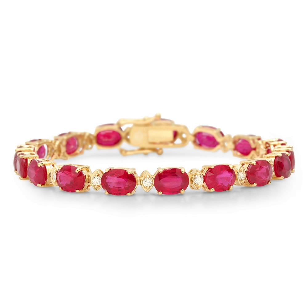 14K Gold 28.91ct Ruby 0.55cts Diamond Bracelet: Retail: $12,622.00 ****** 14K Gold 28.91ct Ruby 0.55cts Diamond Bracelet ****** Metal: 14K Yellow Gold / Total Item Weight: 17.6 grams / Country Made: United States / Main Stone: Coral / Color: Red / 