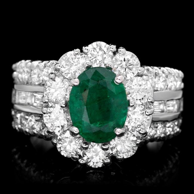 14k White Gold 2.10ct Emerald 3ct Diamond Ring: Retail: $22,600.00 ****** 14k White Gold 2.10ct Emerald 3ct Diamond Ring ****** Metal: 14k Solid White Gold / Size: 6.25 / Total Item Weight: 9.0 grams / Country Made: United States / / Main Stone: Em