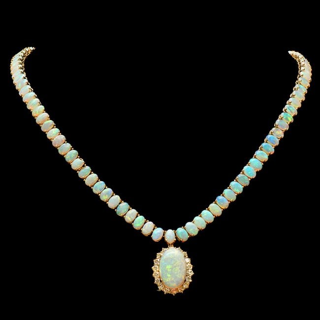 14k Yellow Gold 32ct Opal 1.60ct Diamond Necklace: Retail: $36,800.00 ****** 14k Yellow Gold 32ct Opal 1.60ct Diamond Necklace ****** Metal: 14k Solid Yellow Gold / Size: 17 / Total Item Weight: 33.5 grams / Country Made: United States / / Main Stone: