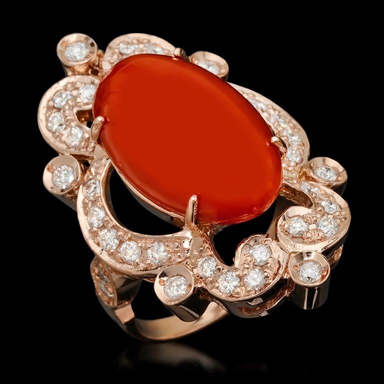14K Gold 9.46ct Coral & 1.25ct Diamond Ring: Retail: $10,960.00******14k Gold Coral & Diamond Ring****** Metal: 14K Solid Gold / Total Item Weight: 10.9 grams / Country Made: United States / / Main Stone: Coral / Color: Brownish Orange / Carat T