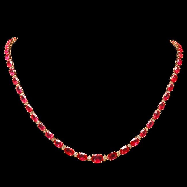 14k Gold 38.00ct Ruby 1.25ct Diamond Necklace: Retail: $16,800.00 ****** 14k Gold 38.00ct Ruby 1.25ct Diamond Necklace ****** Metal: 14k Solid Yellow Gold / Size: 17.5 / Total Item Weight: 23.5 grams / Country Made: United States / / Main Stone: R