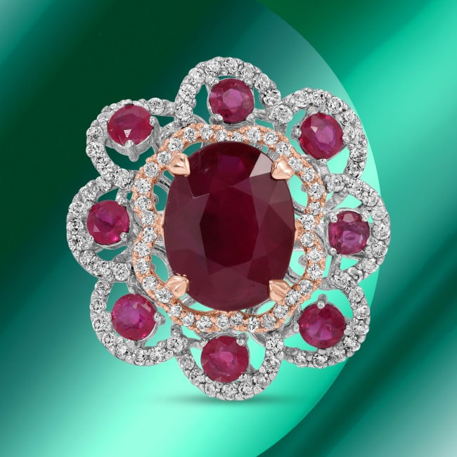 14k Gold 4.52ct Ruby 0.61ct Diamond Ring: Retail: $8,672.00 ****** 14k Gold 4.52ct Ruby 0.61ct Diamond Ring ****** Metal: 14k Solid White & Rose Gold / Size: 7 / Total Item Weight: 7.5 grams / Country Made: USA / / Main Stone: Ruby / Color: R