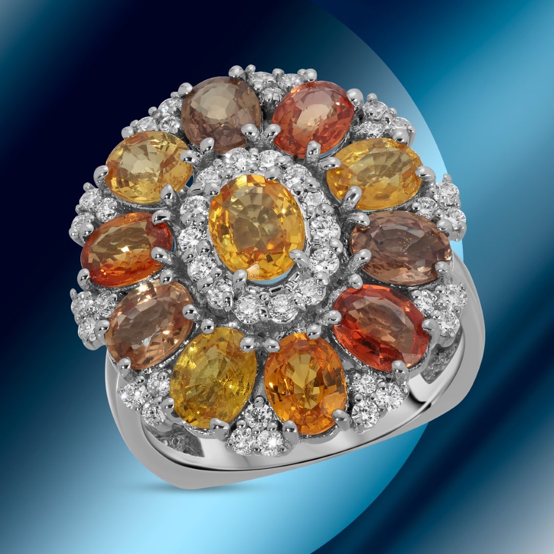 14K Gold 4.94cts Sapphire & 0.44cts Diamond Ring: Retail: $12,315*****Multi Color Sapphire & Diamond Ring*****Metal: 14K White Gold/ Total Wt.:6.8g / Country Made US// Main Stone: Sapphire / Carat Total Wt.: 4.94cts / Treatment: none/ Color: Various 
