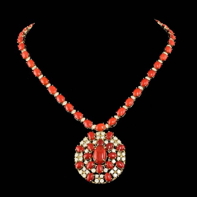 14k Gold 60ct Coral 6.35ct Diamond Necklace (1 of 5)