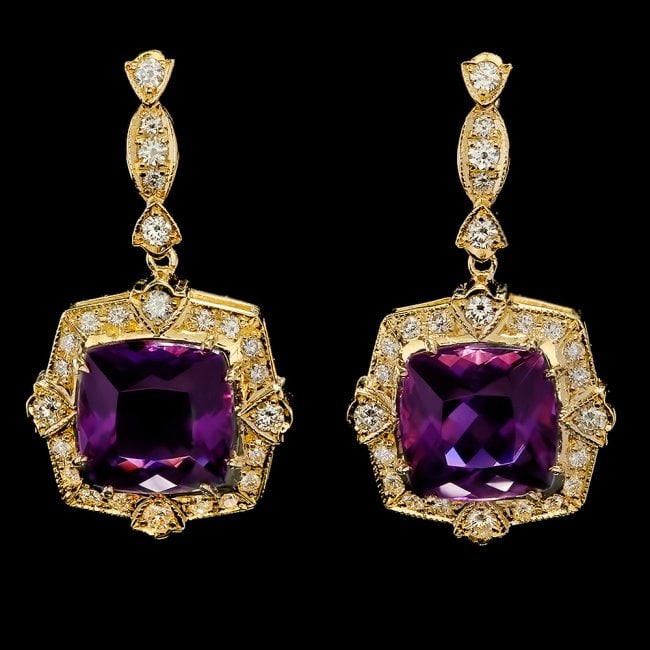 14k Gold 10.00ct Amethyst 2.00ct Diamond Earrings: Retail: $13,500.00 ****** 14k Gold 10.00ct Amethyst 2.00ct Diamond Earrings ****** Metal: 14k Solid Yellow Gold / Total Item Weight: 15.0 grams / Country Made: United States / / Main Stone: Amethyst /
