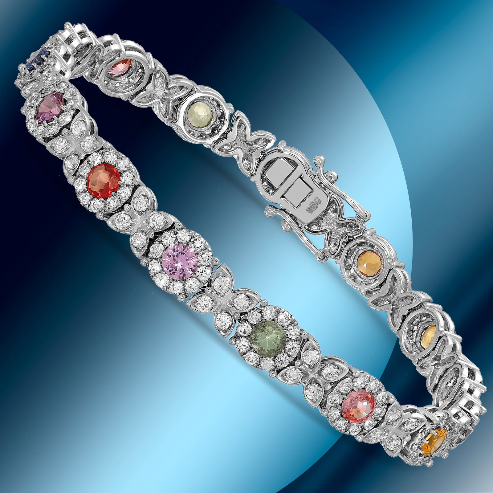 14K Gold 3.44cts Multi-Color Sapphire & 4.21cts Diamond Bracelet: Retail: $21,633***** 14K Gold 3.44cts Multi-Color Sapphire & 4.21cts Diamond Bracelet****** Metal: 14K White Gold/ Total Wt.: 13.6g/ Country Made USA// Main Stone: Sapphire/ Carat Total Wt: 3.44cts / 