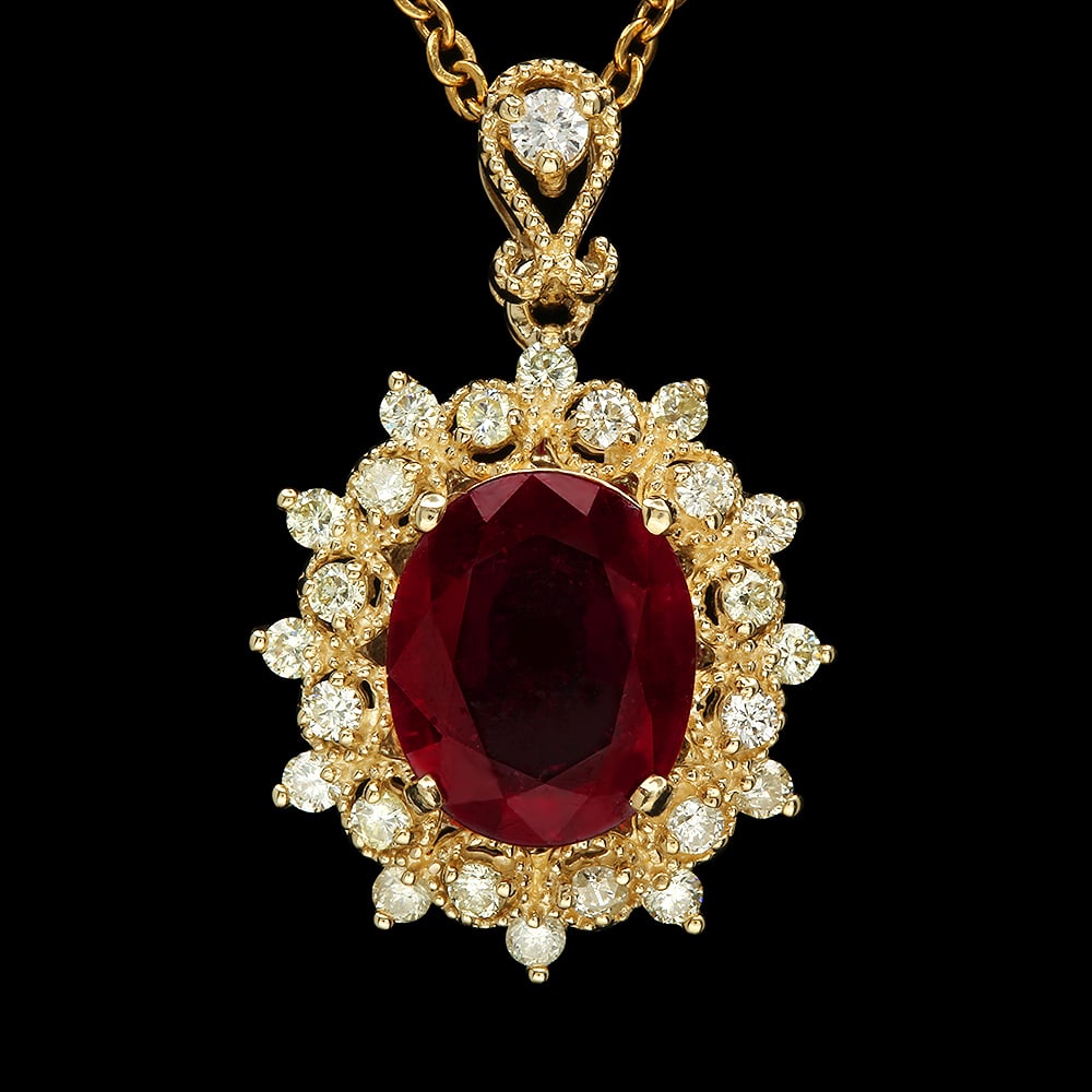 14K Gold 3.91ct Ruby 0.63ct Diamond Pendant: Retail: $3,718.00 ****** 14K Gold 3.91ct Ruby 0.63ct Diamond Pendant ****** Metal: 14K Solid Yellow Gold / Total Item Weight: 4.0 grams / Country Made: United States / / Main Stone: Ruby / Color: Red 