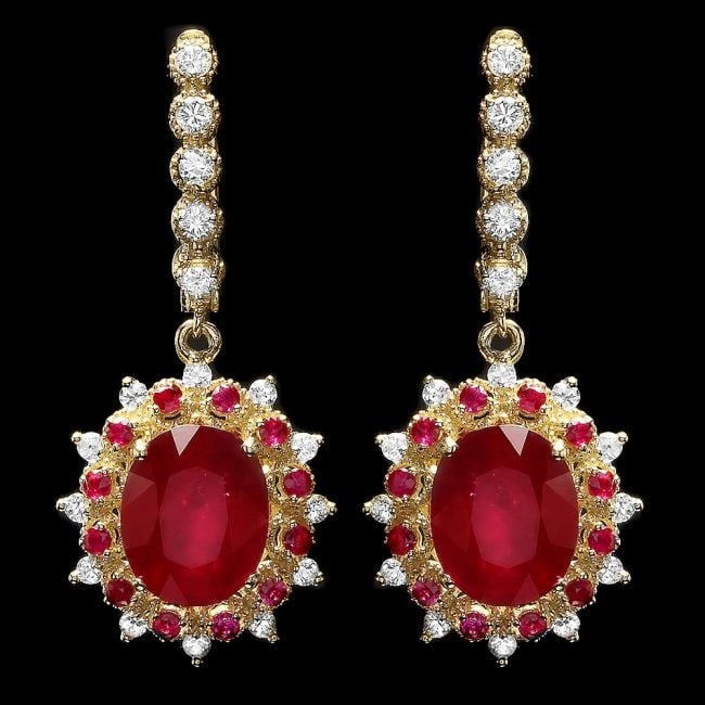 14k Yellow Gold 12ct Ruby 1.20ct Diamond Earrings: Retail: $8,700.00 ****** 14k Yellow Gold 12ct Ruby 1.20ct Diamond Earrings ****** Metal: 14k Solid Yellow Gold / Total Item Weight: 9.5 grams / Country Made: United States / / Main Stone: Ruby / Color