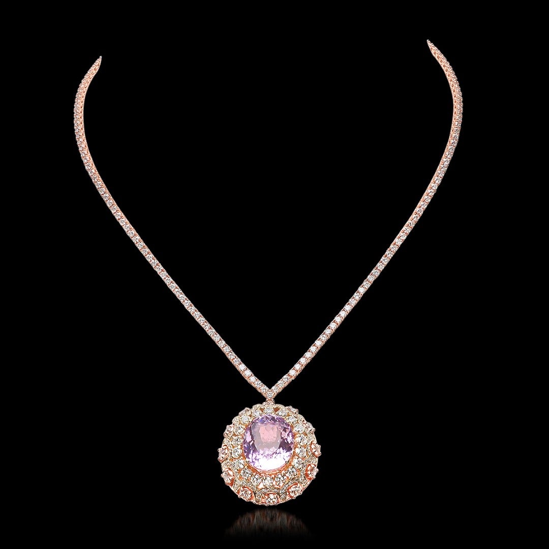 14K Rose Gold, 17.80cts Kunzite, 11.65cts Diamond Necklace: Retail: $75,137.00****** 14K Rose Gold, 17.80cts Kunzite, 11.65cts Diamond Necklace******* Metal: 14K Rose Gold/ Country Made USA// Main Stone: Kunzite/ Adjacent Stone: Diamond/ Main Carat Wt.: 17.80c