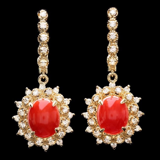 14k Gold 5.20ct Coral 1.50ct Diamond Earrings: Retail: $12,970.00 ****** 14k Gold 5.20ct Coral 1.50ct Diamond Earrings ****** Metal: 14k Solid Yellow Gold / Total Item Weight: 8.5 grams / Country Made: United States / / Main Stone: Coral / Color: 