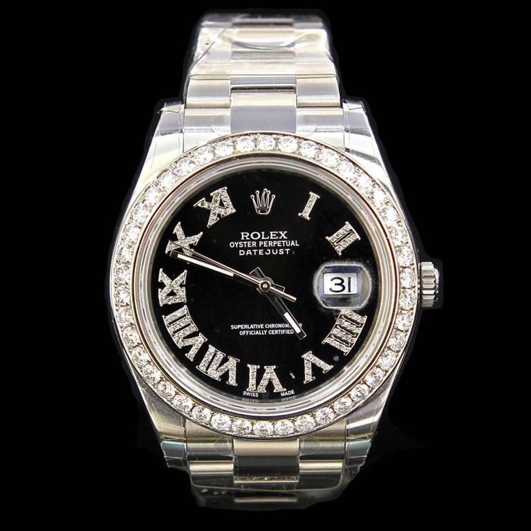 Rolex DateJust ll 41mm aprox. 4.5 cts. Diamond Bezel 0.5 cts. Diamond Dial Men's Wristwatch: ****** Rolex DateJust ll 41mm aprox. 4.5 cts. Custom Diamond Bezel 0.5 cts. Custom Diamond Dial Men's Wristwatch ****** One Mens, Rolex DateJust ll 41mm aprox. 4.5 cts. Diamond Bezel 0.5 cts. Diamond 