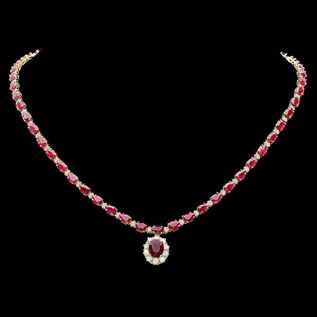 14k Yellow Gold 27ct Ruby 2.50ct Diamond Necklace: Retail: $21,800.00 ****** 14k Yellow Gold 27ct Ruby 2.50ct Diamond Necklace ****** Metal: 14k Solid Yellow Gold / Size: 17 / Total Item Weight: 22.5 grams / Country Made: United States / / Main Stone: