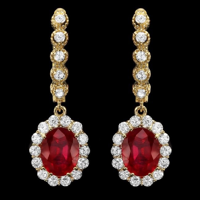 14k Gold 5.00ct Ruby 1.40ct Diamond Earrings: Retail: $8,300.00 ****** 14k Gold 5.00ct Ruby 1.40ct Diamond Earrings ****** Metal: 14k Solid Yellow Gold / Total Item Weight: 5 grams / Country Made: United States / / Main Stone: Ruby / Color: Red /