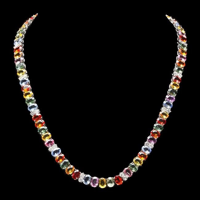 14k Gold 67.00ct Sapphire 4.00ct Diamond Necklace: Retail: $34,500.00 ****** 14k Gold 67.00ct Sapphire 4.00ct Diamond Necklace ****** Metal: 14k Solid White Gold / Size: 17.5 / Total Item Weight: 40 grams / Country Made: United States / / Main Stone: 