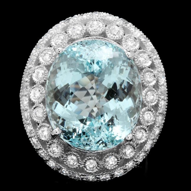 14k Gold 17.50ct Aquamarine 1.90ct Diamond Ring: Retail: $34,600.00 ****** 14k Gold 17.50ct Aquamarine 1.90ct Diamond Ring ****** Metal: 14k Solid White Gold / Size: 7 / Total Item Weight: 14.5 grams / Country Made: United States / / Main Stone: Aqu