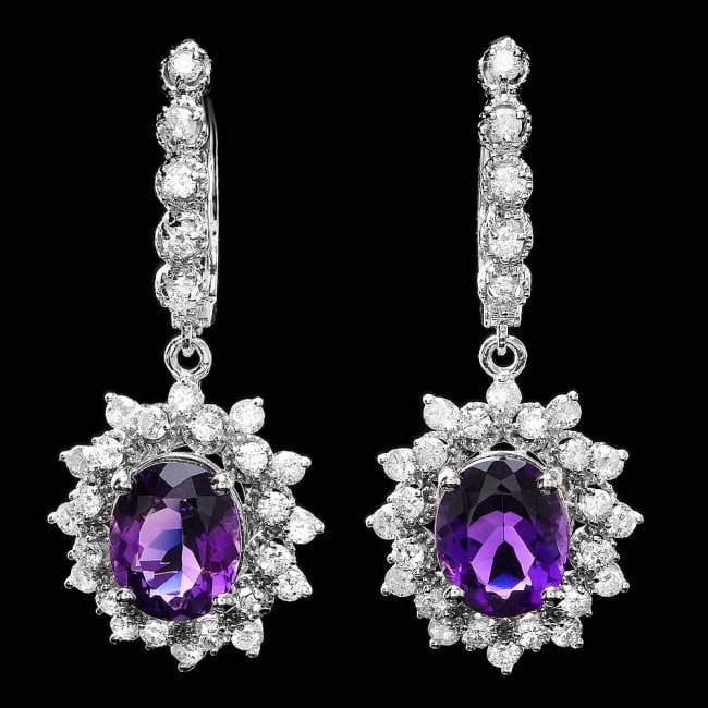 14k Gold 5ct Amethyst 1.95ct Diamond Earrings: Retail: $8,375.00 ****** 14k Gold 5ct Amethyst 1.95ct Diamond Earrings ****** Metal: 14k Solid White Gold / Total Item Weight: 8.5 grams / Country Made: United States / / Main Stone: Amethyst / Color: