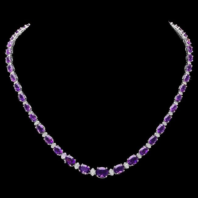 14k Gold 28.00ct Amethyst 1.40ct Diamond Necklace: Retail: $12,600.00 ****** 14k Gold 28.00ct Amethyst 1.40ct Diamond Necklace ****** Metal: 14k Solid White Gold / Size: 16.5 / Total Item Weight: 24 grams / Country Made: United States / / Main Stone: 