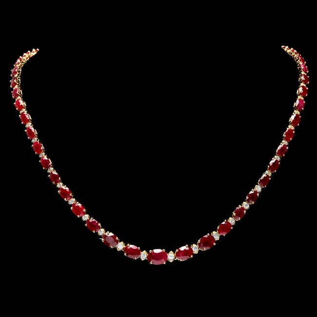 14k Gold 37.00ct Ruby 1.60ct Diamond Necklace: Retail: $21,800.00 ****** 14k Gold 37.00ct Ruby 1.60ct Diamond Necklace ****** Metal: 14k Solid Yellow Gold / Size: 17.5 / Total Item Weight: 24 grams / Country Made: United States / / Main Stone: Rub
