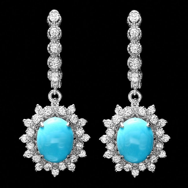 14k Gold 5ct Turquoise 1.50ct Diamond Earrings: Retail: $7,800.00 ****** 14k Gold 5ct Turquoise 1.50ct Diamond Earrings ****** Metal: 14k Solid White Gold / Total Item Weight: 8 grams / Country Made: United States / / Main Stone: Turquoise / Color: