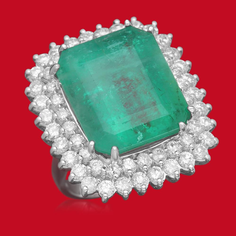 14K Gold 19.12 Emerald 2.75 Diamond Ring: Retail: $64,703.00 ****** 14K Gold 19.12 Emerald 2.75 Diamond Ring ****** Metal: 14K Solid Gold / Total Item Weight: 14.7 grams / Country Made: United States / / Main Stone: Emerald / Color: Green / C